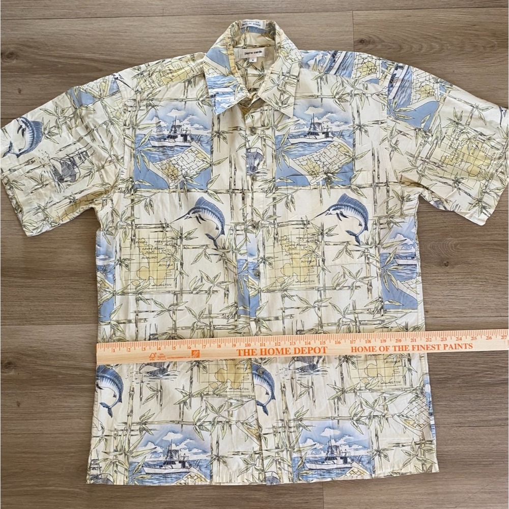 Vintage Pierre Cardin Mens Hawaiian Shirt Sailboat Palm Tree Scenic Aloha M